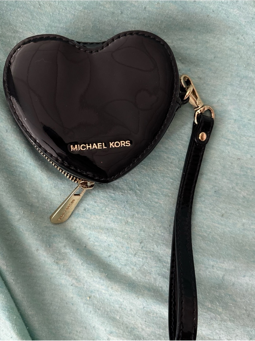 Michael Kors Black Patent Heart Wristlet with Gold Hardware